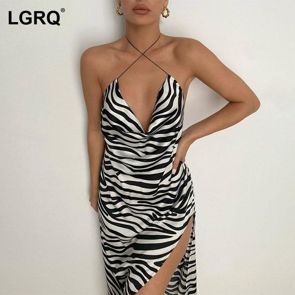 

casual dresses [lgrq] women zebra pattern split backless dress halter neck sleeveless fit fashion tide spring summer 2021 19d1675, Black;gray