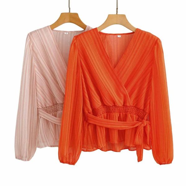 

ladies long sleeve chiffon shirt fashion all-match print v-neck tie thin autumn pure color women's blouses & shirts, White