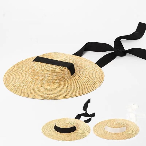 

wide brim hats sun hat 15cm straw flat for women beach caps white black ribbon tie side cap floppy female raffia, Blue;gray