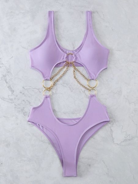

plain cut-out ring linked one piece swimsuit 00te#, White;black