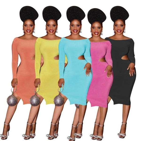 

casual dresses 2021 autumn women's fashion solid color off the shoulder hole backless dress, Black;gray