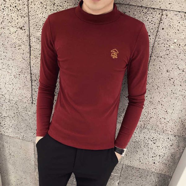

men t-shirt long-sleeved slim fit t-shirt bottoming round neck streetwear casual tees 6 colors autumn winter warm t shirt 210527, White;black