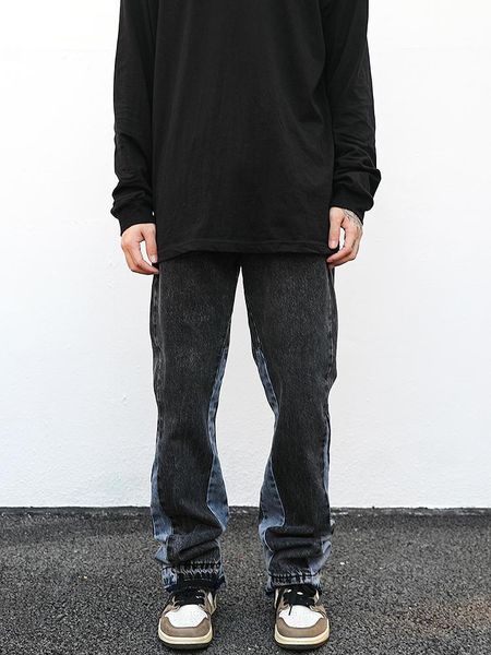 

men's jeans vintage patchwork flare urban men streetwear wide leg denim pant hip hop black colorblock slim fit for, Blue