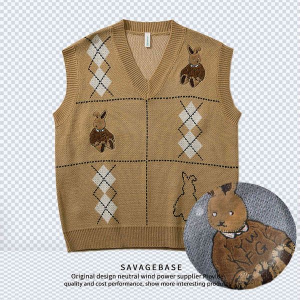 

sweaters knit 2021 early autumn college style lovers' versatile jk sleeveless vest superimposed embroidered v-neck rhomboid sweater, White;black