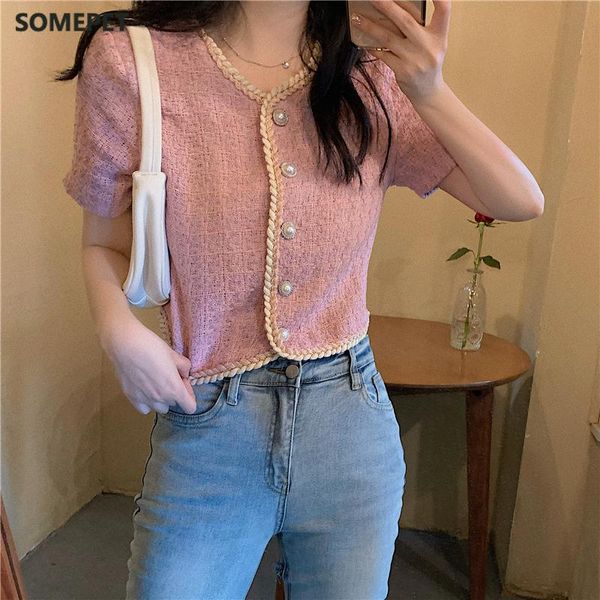 

single breasted pearls button luxury crop short coat korean sleeve summer clothes ladies vintage cropped blusas jacket women's jackets, Black;brown