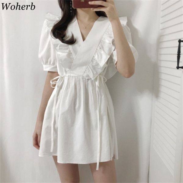 

women sweet ruffles dress summer v neck side bandage slim robe white midi vestidos korean chic short sleeve dresses 4h886 210519, Black;gray