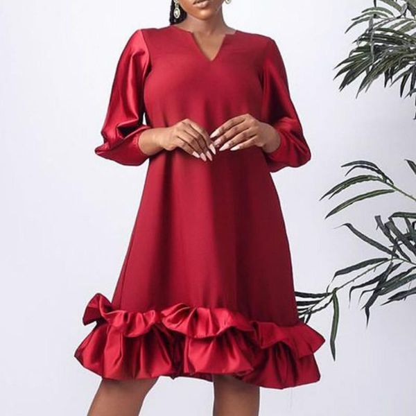 

casual dresses women's red dress loose v-neck long sleeves ruffle patchwork oversized african large plus size ladies female robe, Black;gray