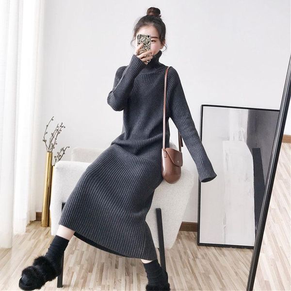 

casual dresses ly varey lin autumn winter women turtleneck long sleeve knitting dress office lady solid high waist sweater, Black;gray