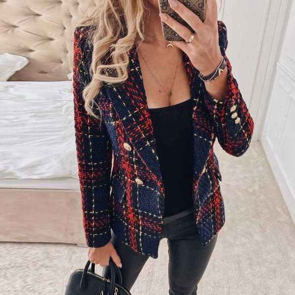 

misswim elegant tweed red plaid blazer women autumn winter double-breasted blazer coat female fashion office ladies outwear new, White;black