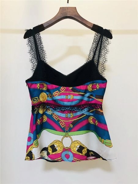 

european and american baroque style lace stitching print short camisole, White