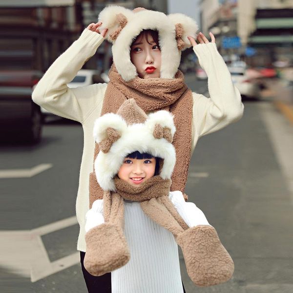 

scarves bib winter student warm scarf hat glove three piece set one girl thick plush bear head children's hood women, Blue;gray