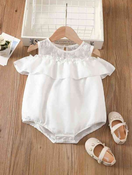 

baby lace insert ruffle trim cold shoulder bodysuit she, Blue