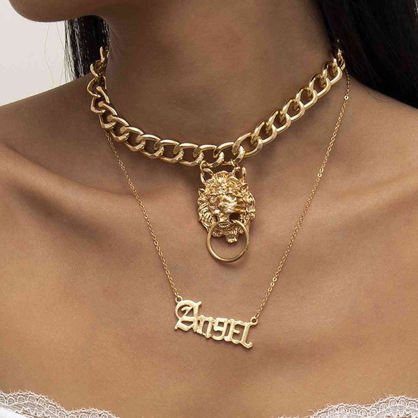 

2021 women's jewelry simple multi-layer punk thick chain female personality lion letter pendant necklace set gift, Silver