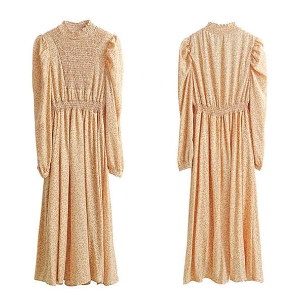

yellow beige long sleeve stand collar midi elegant sweet dress floral print a-line spring autumn d2014 210514, Black;gray