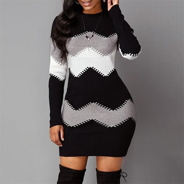 

casual dresses women elegant patchwork long sleeve warm dress 2021 autumn winter rib knit sweater turtleneck pullover mini, Black;gray