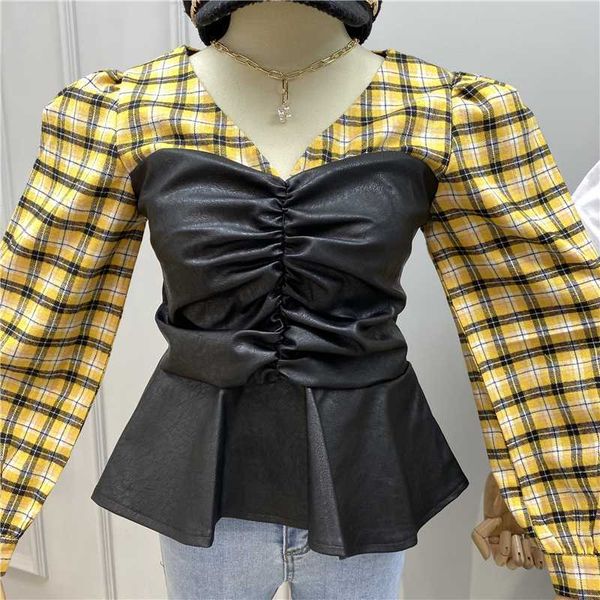 

women's blouses & shirts v neck blouse women spring retro hit color plaid puff sleeve panel pu leather slim waist ruffle shirt blusas, White