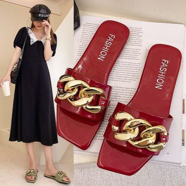 

slippers metal chain slides 2021 summer women shoes woman solid leather square open toe beach flip flops plus size, Black