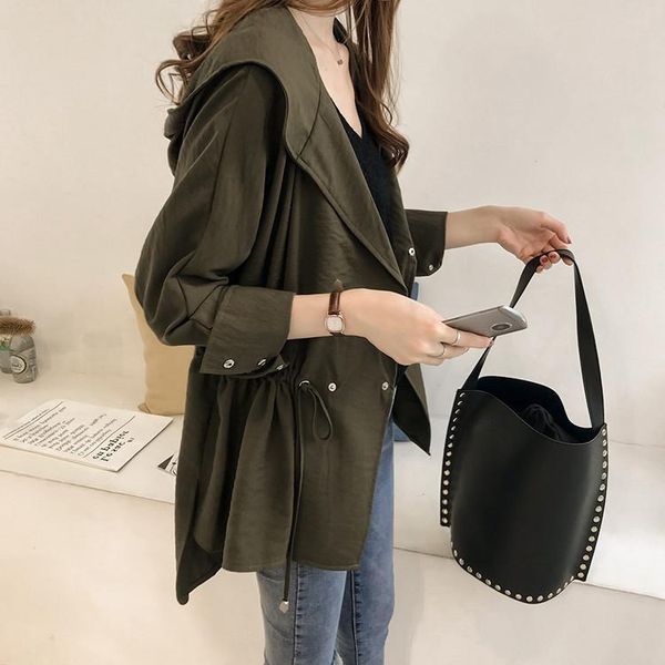 

women's trench coats early autumn women style 2021 korean version loose bf hooded coat female long section of leisure long-sleeve c, Tan;black