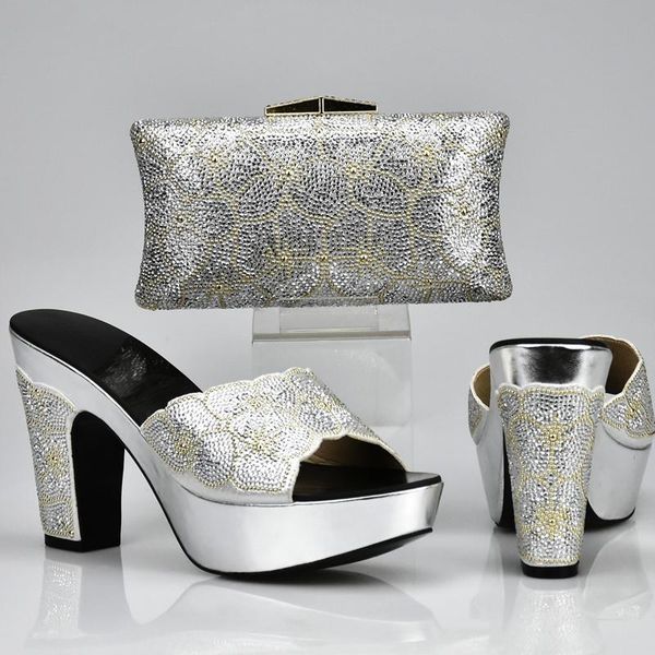 

sliver color matching shoes and bag set italy decorated with rhinestone african party sets dress, Black