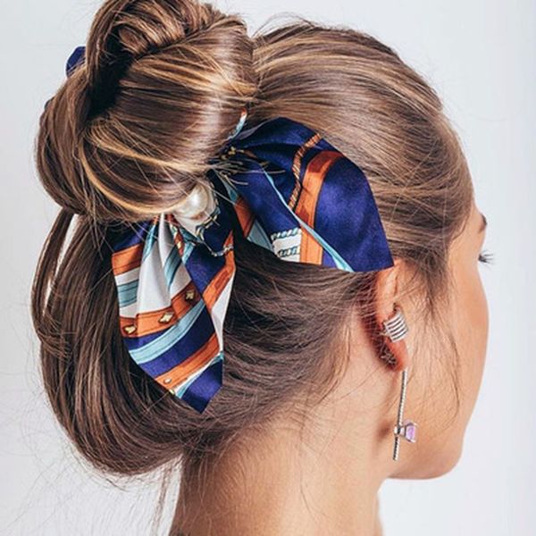 

trendy chiffon hair ties women scarf girls bowknot scrunchies ponytail holder hair rope hair accessories hand decoration, Blue;gray