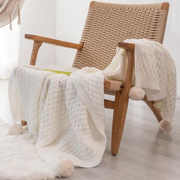 

blankets cream white blanket sofa diamond knit throw soft pompom tassels travel 130x160cm home chair couch bed 50"x62"