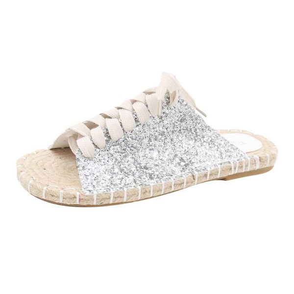 

slippers sagace summer women non-slip sandals flat-soled round toe flats leisure lace straw knitting shoes slides, Black