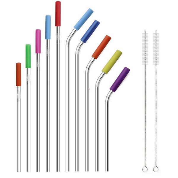 

drinking straws 100pcs wholesale silver metal straw 304 stainless steel bend straight reusable silicone cleaning brush