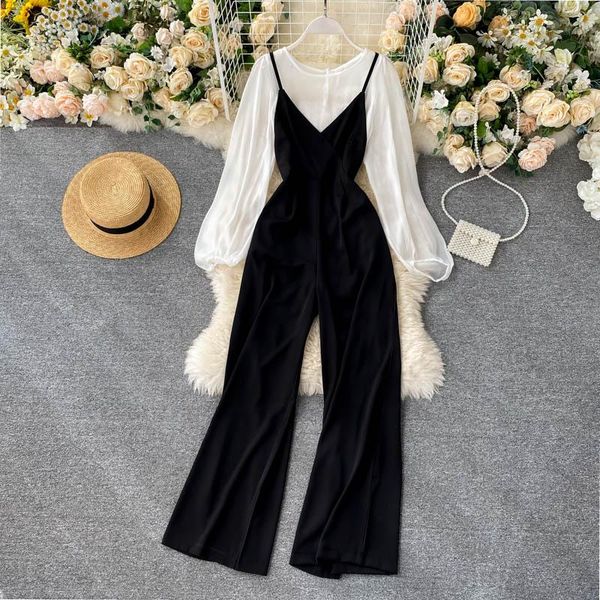 

women's tracksuits 2021 women solid color fashion suit two-piece set o-neck lantern sleeve all-match + camis jumpsuit 2 piece, Gray