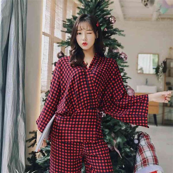

women's sleepwear spring red cotton kimono pajamas mujer pijama sets ladies sweet plaid female girl pajama lounge kmka, Black;red