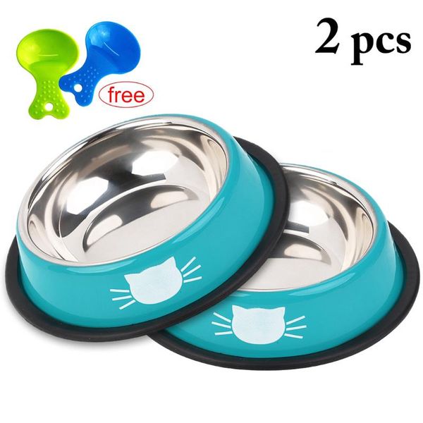

pet bowl stainless steel catprint feeding with 2 scoops dog cats puppy outdoor dish cat bowls & feeders