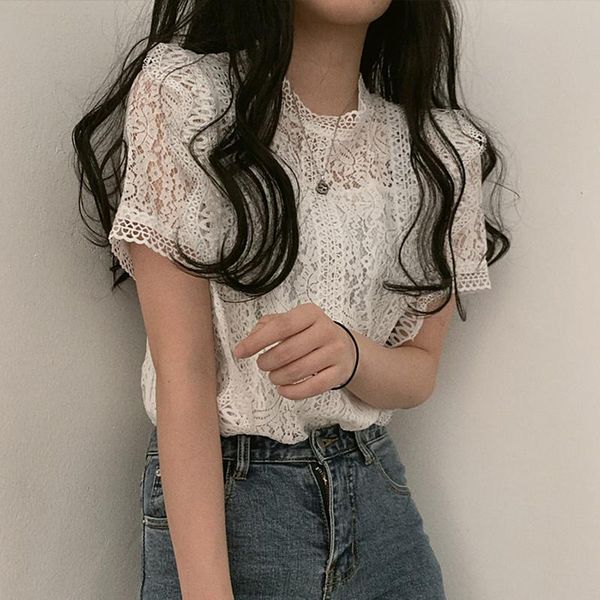 

women's blouses & shirts chic embroidery lace blouse women floral crochet hollow out t elegant sweet korean summer vintage tee shirt, White