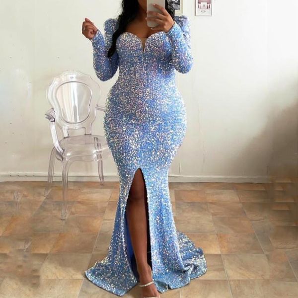 

casual dresses sky blue sequined velvet maxi dress split front mesh v neck full sleeved stretchy evening formal party gown, Black;gray