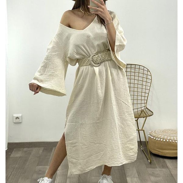 

casual dresses novalya spring summer v neck women fashion three quarter split dress elegant loose midi female ladies, Black;gray