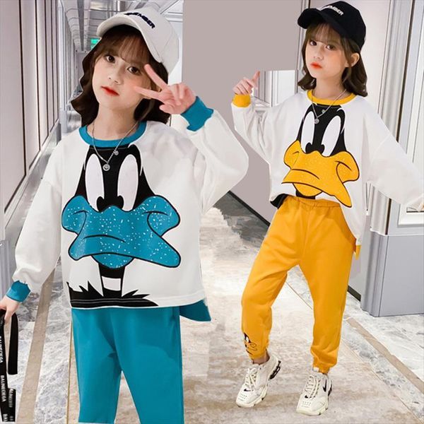 

girls clothing sets autumn winter kid clothes toddler cotton loose tracksuit pants 2pcs outfit korean girl cartoon suit, White