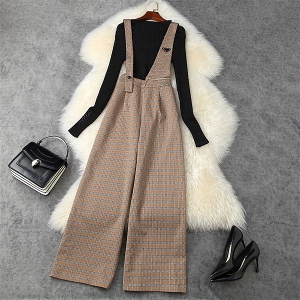 

2020 fall autumn long sleeve round neck black / gray knitted + overalls suspender trousers pants two piece 2 pieces set lag2511216, White