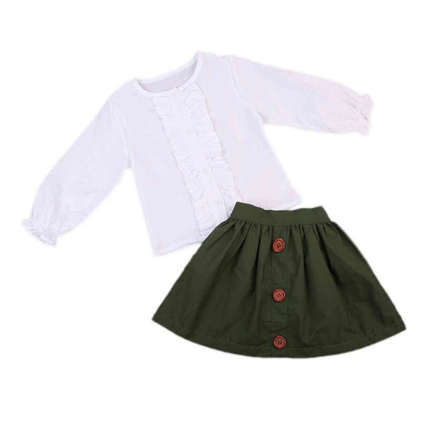 1-5Y Sonbahar Bahar Yürüyor Çocuk Bebek Kız Giyim Seti Vintage Ruffles Bluz Üst Düğmeler Etek Kıyafetler Çocuk Giysileri 210515