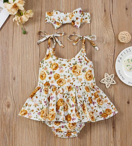 

women's swimwear baby girls summer outfits cute self tie strap sleeveless floral tutu romper with headband set, White;black