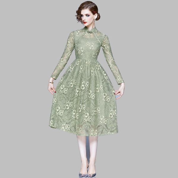 

casual dresses 2021 spring vintage china style women lace long dress fashion floral hollow out embroidery elegant ladies party, Black;gray