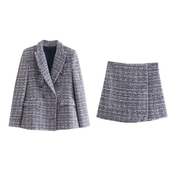 

two piece dress dylqfs 2021 tweed women two-piece set plaid vintage office lady double breasted blazer female high waist shorts skirt suits, White