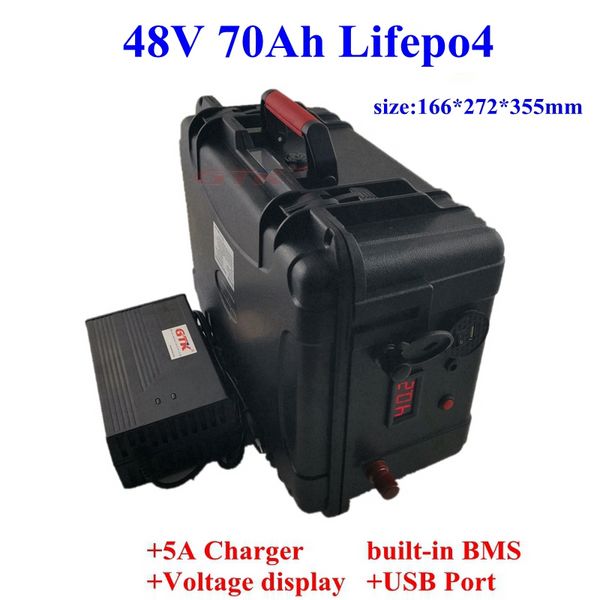 Waterprof 48V 70Ah Lifepo4 batteria al litio bms 16s per barca da pesca elettrica RV accumulo solare golf cart moto + caricatore 5A