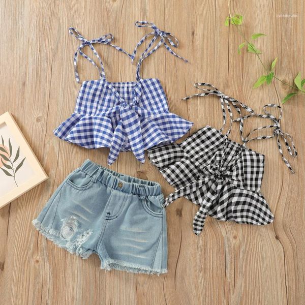 

clothing sets girls clothes plaid thin shoulder straps sleeveless ruffled bow tie vest ripped denim shorts children's summer suits, White