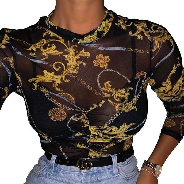 

perspective floral spring autumn womens t shirts casual mesh see through long sleeve blusas, White