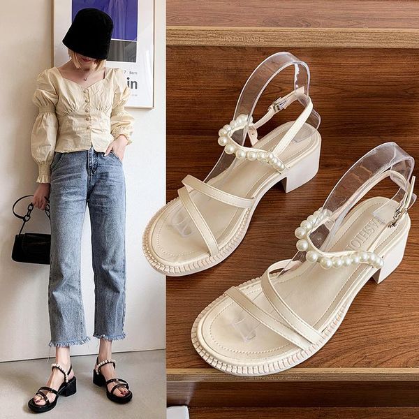 

sandals med female sandal block heels fashion womens shoes 2021 medium girls chunky luxury summer beige pearl comfort clear gladiator, Black