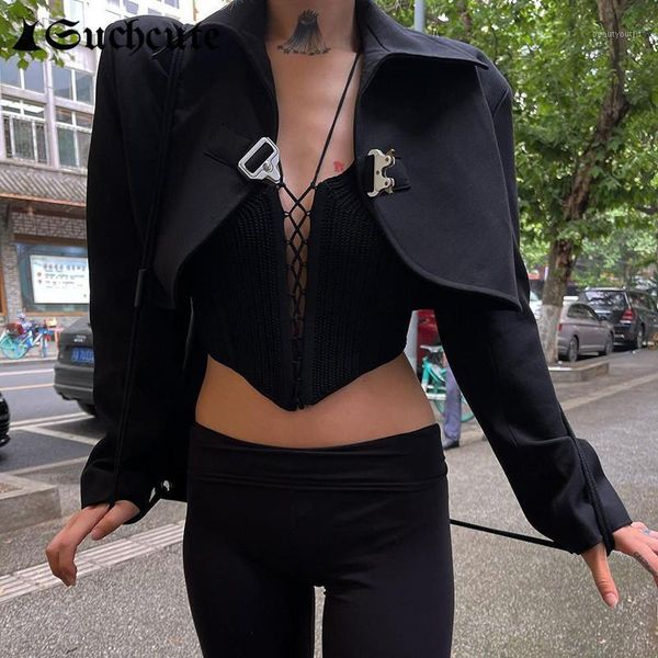 

women's suits & blazers suchcute gothic black blazer women long sleeve punk style metal buttons streetwear outfits ladies aesthetic 90s, White;black