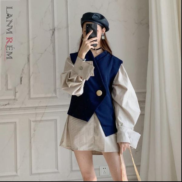 

lanrem autumn v collar single womens tracksuits breasted irregular lantern long sleeve shirt sleeveless waistcoat fashion set yg90105, Gray