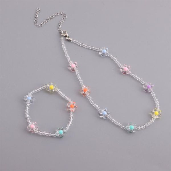 

chains 2-piece set of creative acrylic candy color flower-shaped transparent beaded bracelet necklace simple ladies jewelry gift, Silver