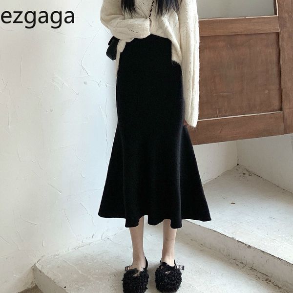 Ezgaga Gestrickte Meerjungfrau Röcke Frauen Herbst Winter Mode Schwarz Elegante Hohe Taille Trompete Damen Bodycon Röcke Solide Sexy 210430