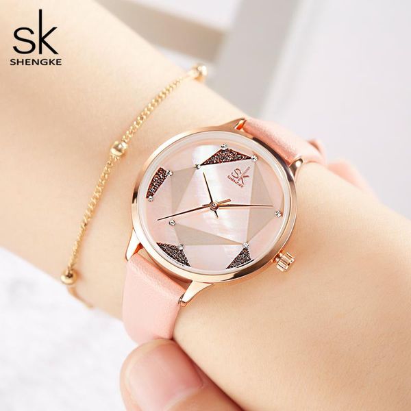 

wristwatches shengke women watch pink fashion leather strap quart wrist ladies dress waterproof female watches relogio feminino k0117, Slivery;brown