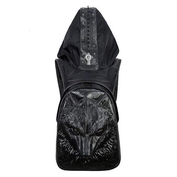 

backpack fashion personality men women waterproof thicken leather rivets 3d backpacks with hood cap apparel bag cross bags male