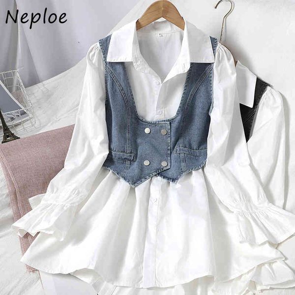 

neploe spring simple 2 piece set turn-down collar single breasted puff sleeve women shirts + sweet denim vest korean style suit 210423, White
